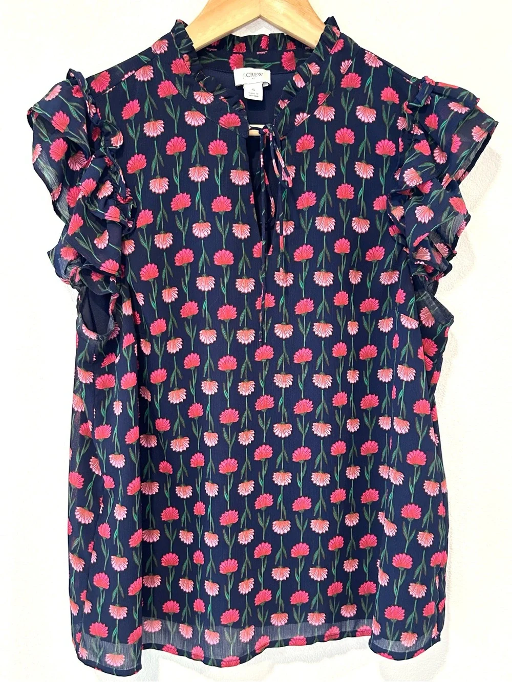 J. Crew Navy Blue Floral Satin Ruffle Blouse Preppy Cottagecore Office Size S